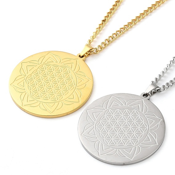 304 ожерелья с подвесками-цепочками из нержавеющей стали, плоские круглые с цветочным узором