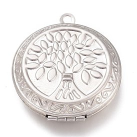 316 Stainless Steel Locket Pendants, Photo Frame Charms, Flat Round with Tree of Life