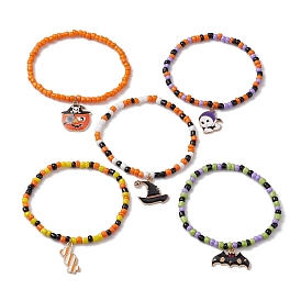 Glass Seed Beads Bracelets, Stretch Bracelets with Alloy Enamel Pendant