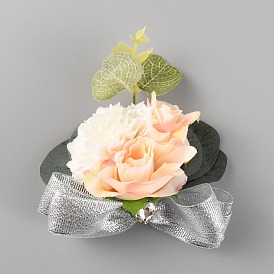 Silk Ribbon Wrist Corsage, with Silk Cloth Imitation Flower and Cloth Stretch Bracelets, for Wedding, Party Decorations