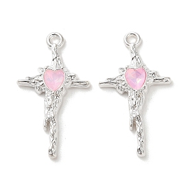 Rack Plating Alloy Rhinestones Pendants, Lead Free & Cadmium Free, Cross with Heart, Silver