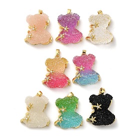 Rack Plating Brass Resin Cubic Zirconia Pendants, Long-Lasting Plated, Lead Free & Cadmium Free, Real 18K Gold Plated, Bear