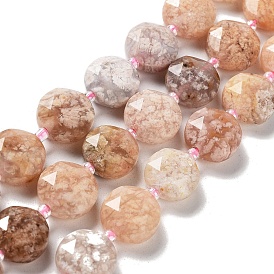 Natural Cherry Blossom Agate Beads Strands, with Seed Beads, Faceted Hexagonal Cut, Flat Round