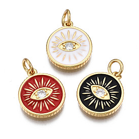 Brass Micro Pave Clear Cubic Zirconia Pendants, with Enamel & Jump Rings, Nickel Free, Real 16K Gold Plated, Flat Round with Eye