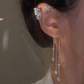 Shiny Rhinestone Butterfly Tassel Clip-on Earrings - Fashionable, Unique, No Piercing Required.