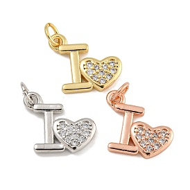 Rack Plating Brass Micro Pave Clear Cubic Zirconia Charms, Lead Free & Cadmium Free, Long-Lasting Plated, Heart & Letter I