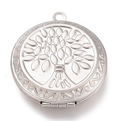 316 Stainless Steel Locket Pendants, Photo Frame Charms, Flat Round with Tree of Life