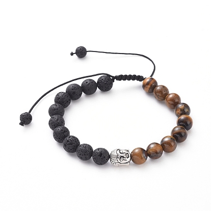 Unisex Adjustable Nylon Thread Braided Bead Bracelets, with Natural Lava Rock & Tiger Eye Round Beads, Tibetan Style Alloy Beads, Buddha