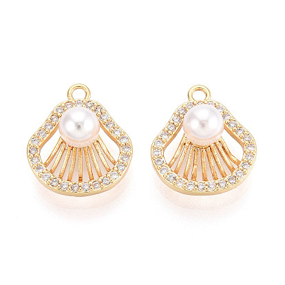 Подвески из латуни с микропаве из прозрачных кубических цирконий и искусственного жемчуга ABS, формы раковины, без никеля 