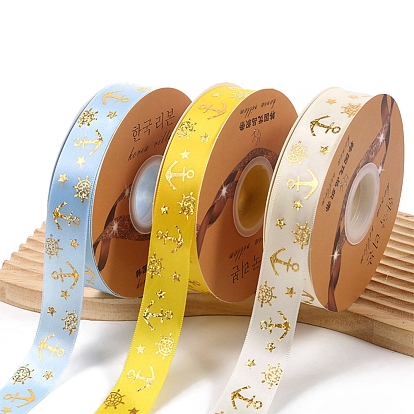 48 Yards Gold Stamping Anchor & Helm Polyester Ribbons, Gift Packaging