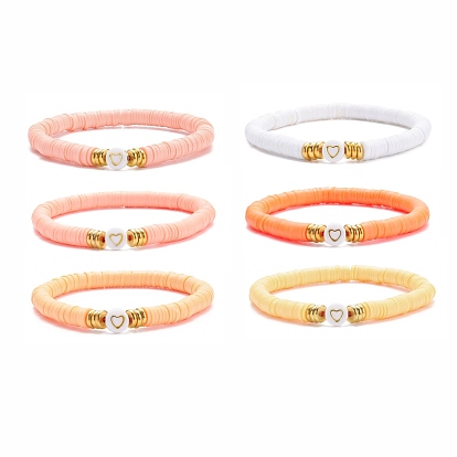 6Pcs 6 Color Handmade Polymer Clay Heishi Surfer Stretch Bracelets Set, Acrylic Heart Beaded Preppy Bracelet Women