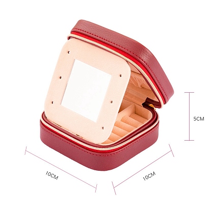 2-ярусная мини-квадратная коробка для хранения ювелирных изделий из искусственной кожи на молнии с зеркалом внутри, дорожный портативный футляр для ювелирных изделий, для ожерелья, Кольца, серьги и подвески