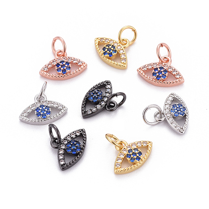 Brass Micro Pave Cubic Zirconia Charms, with Jump Rings, Evil Eye, Colorful