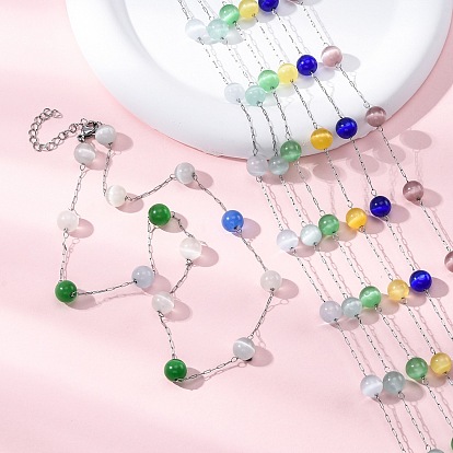 304 круглые бусины кошачий глаз из нержавеющей стали, ожерелья ручной работы для женщин, цвет нержавеющей стали