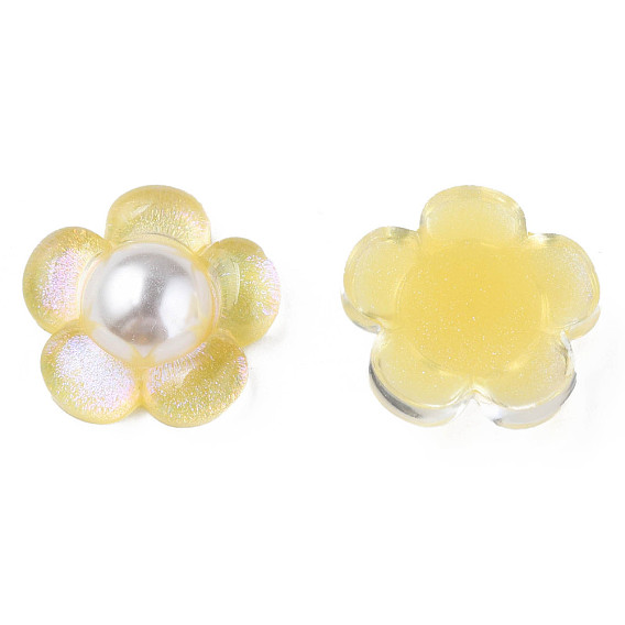 Translucent Epoxy Resin Cabochons, with ABS Plastic Imitation Pearl and Glitter Powder, Flower