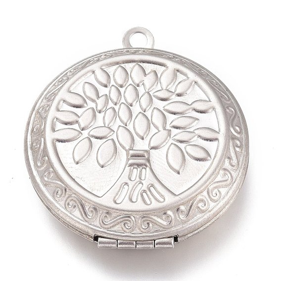 316 Stainless Steel Locket Pendants, Photo Frame Charms, Flat Round with Tree of Life