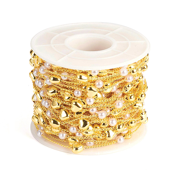 Латунная цепочка из бисера ручной работы, бордюрные цепи, с пластиковой бусиной из искусственного жемчуга ccb, долговечный, пайки, с катушкой, сердце