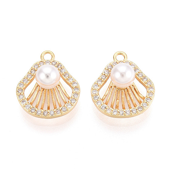 Подвески из латуни с микропаве из прозрачных кубических цирконий и искусственного жемчуга ABS, формы раковины, без никеля 