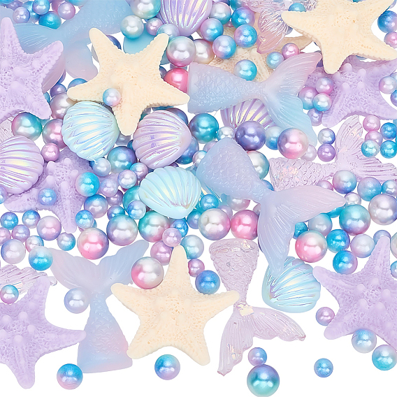 320Pcs 3 Styles Rainbow Acrylic Imitation Pearl Beads, Gradient Mermaid Pearl Beads, No Hole, Round, with 30Pcs Resin Cabochons