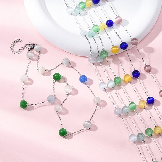 304 круглые бусины кошачий глаз из нержавеющей стали, ожерелья ручной работы для женщин, цвет нержавеющей стали