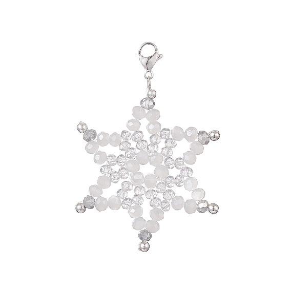 Snowflake Glass Bead Pendant Decorations, with 304 Stainless Steel Lobster Claw Clasps