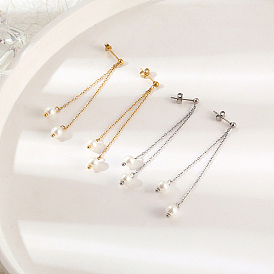 304 Stainless Steel Dangle Stud Earrings, Imitation Pearls Tassel Earrings