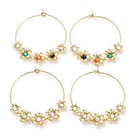 Flower Glass Hoop Earrings, Golden Tone 304 Stainless Steel Jewely for Women