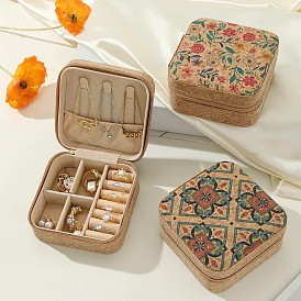 Cork Jewelry Box, with Velvet Inside, for Travel Earrings Necklace Storage Box, Square with Flower