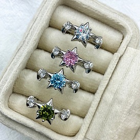 Brass Micro Pave Cubic Zirconia Cuff Open Rings for Women, Star, Platinum