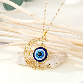 Vintage Hollow Moon Turkish Eye Necklace with Blue Evil Eye Pendant