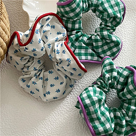 Green Plaid Scrunchies with Floral Fabric Hair Ties for Ponytail and Bun