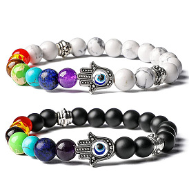 Boho Evil Eye Bracelet with White Turquoise and Fatima Hand Charm - Natural Stone Yoga Jewelry