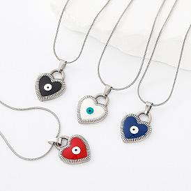 304 Collares con colgante de corazón y ojo turco de acero inoxidable esmaltado para hombres y mujeres, color acero inoxidable