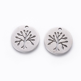 201 Stainless Steel Pendants, Manual Polishing, Flat Round with Tree