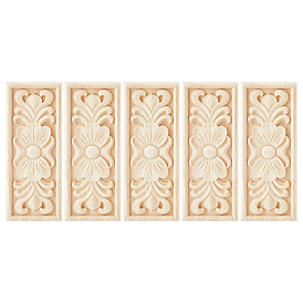 5Pcs Unfinished Wooden Decals Decorations, Rectangle with Flower