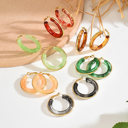 201 Stainless Steel Acrylic Hoop Earrings for Women, Golden