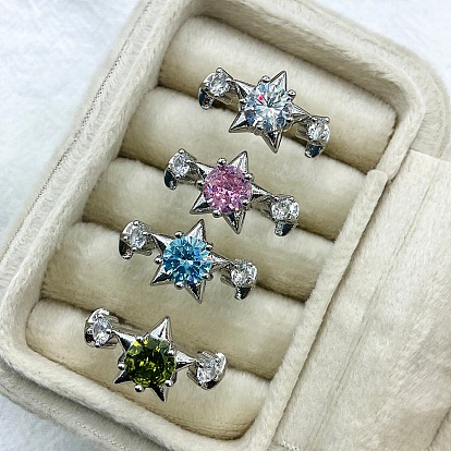 Brass Micro Pave Cubic Zirconia Cuff Open Rings for Women, Star, Platinum