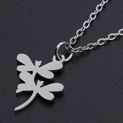 201 Stainless Steel Pendant Necklaces, with Cable Chains and Lobster Claw Clasps, 2-Dragonfly