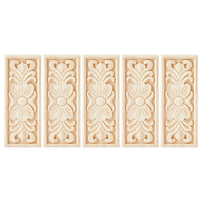 5Pcs Unfinished Wooden Decals Decorations, Rectangle with Flower