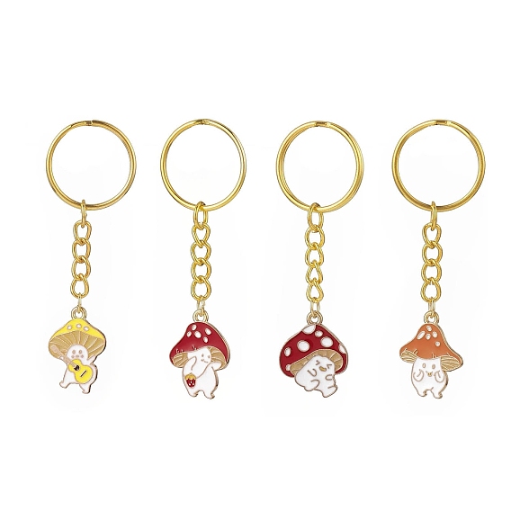 4Pcs 4 Styles Alloy Enamel Pendants Mushroom Character Keychain, with Iron Split Key Rings