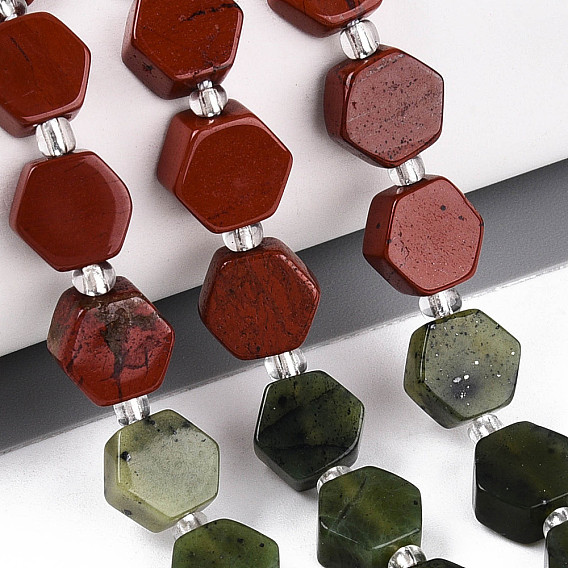 Нити бусин из натурального канадского нефрита, красной яшмы и радужного лунного камня, шестиугольник, граненые