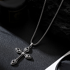 Stainless Steel Jet Rhinestone Cross Pendant Necklaces, Fashionable and Versatile for Daily Wear