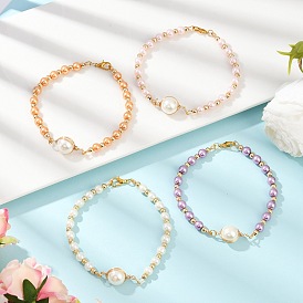 4Pcs 4 Colors Glass Pearl Round Beaded Link Bracelets for Women, with Brass Spacer Beads