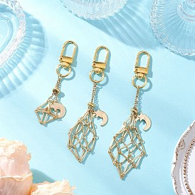 Brass Macrame Pouch Empty Stone Holder Pendant Decoration, with 304 Stainless Steel Star Moon Charms and Alloy Swivel Clasps