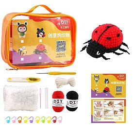 3D Ladybug Knitting Beginner Kits, including Cotton Filler, Crochet Hook, Stitch Marker, Craft Eye, Yarn, Big Eye Needle, Scissor, Hot Melt Glue Stick, Instruction