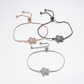 Adjustable Brass Micro Pave Cubic Zirconia Bolo Bracelets, Slider Bracelets, with Brass Box Chains, Star