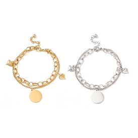 304 Stainless Steel Chain Multi-strand Bracelet with Flat Round & Heart Charms for Women