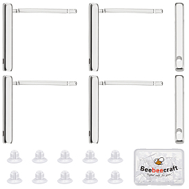 40 шт. латунные серьги-гвоздики, с отверстием и 50пластиковыми ушными гайками, прямоугольник