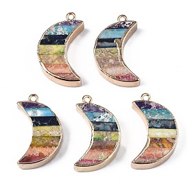 Rainbow Color Natural Imperial Jasper Pendants, with Golden Iron Loop and Edge, Dyed, Moon
