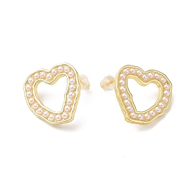 Plastic Imitation Pearl Beaded Hollow Out Heart Stud Earrings, Rack Plating Brass Jewelry for Women, Lead Free & Cadmium Free